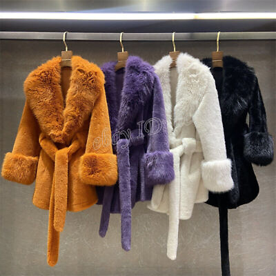 #ad Autumn Winter New Womens Big Lapel Fur Trim Belted Bow Parka Fashion Coats Size $87.00