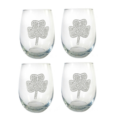 #ad Irish Shamrock Clear Stemless Wine Glass Set of 4 Free Personalized Engraving $68.78