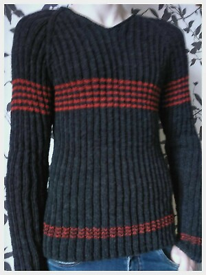 #ad Hand Knitted Black Men#x27;s Wool Sweater with Red Stripped Handmade Style Pullover $120.00