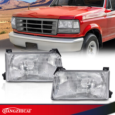 #ad Fit For 92 96 Ford F 150 Clear Halogen Headlights Lamps Left amp; Right Side Pair $42.92