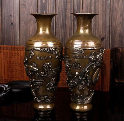 #ad 8quot; Chinese brass carved beautiful Lucky Dragon phoenix Vase Pair $71.00