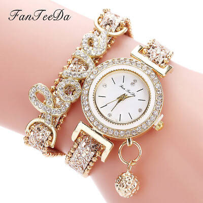 #ad New Love Bracelet Fashion PU Crystal Inlaid Diamond English Watch Gift Women C $8.83