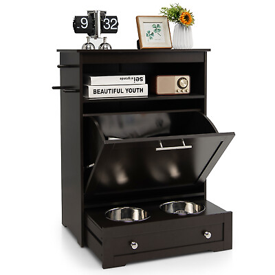 #ad Pet Feeding Station Furniture w Double Pull Out Dog Bowl Food Cabinet Coffee $145.99