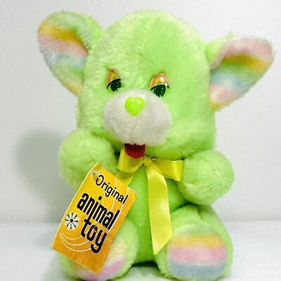 #ad Animal Toy Green Plush Bear Pastel Rainbow Ears Feet Psychedelic Eyes Vintage $14.00