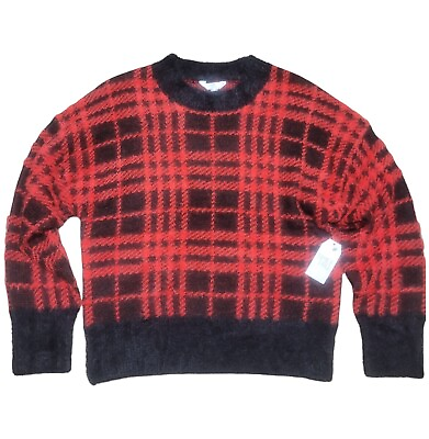 #ad Time amp; Tru NWT Sweater Womens SIZE Large Black Red Plaid Fluffy Cozy Pullover $9.95