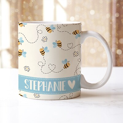 #ad Personalised Coffee Tea Mug BEE HAPPY Name Heart Girls Ladies Yellow Decor Gift $11.99