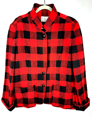 #ad Pendleton Womens 100% Virgin Wool Jacket Blazer Sz M Red Black Buffalo Check $32.99