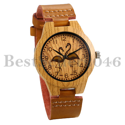 #ad Women Genuine Leather Band Faux Wooden Flamingo Dial Analog Quartz Wrist Watch $9.99