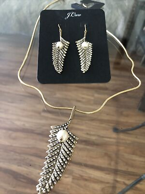 #ad J crew Set Crystal Feather Pearl. Charm Long Necklace and Earrings $120.00