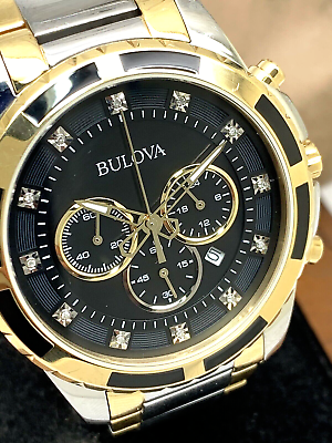 #ad Bulova Men#x27;s Watch 98D132 Quartz Chronograph Diamond Black Dial Two Tone Steel $157.33