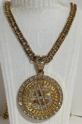 #ad Gold Tone Chain Spinner Dollar Sign Rhinestone Rotating Circle Pendant Necklace $10.00