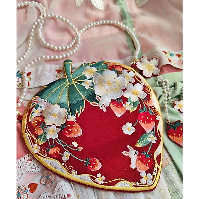 #ad Strawberry Embroidery Shoulder Bag with Pearl Chain $39.99