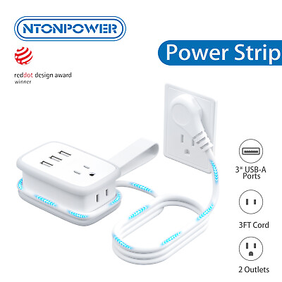 #ad Ntonpower Travel Power Strip 2 Outlets amp; 3 USB Port Charging 3Ft Cord Flat Plug $15.19