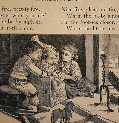 #ad 1872 The Pretty Fire Poem Children Baby Fireplace Victorian Art Print Antique $11.25