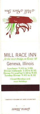 #ad Mill Race Inn Geneva Illinois Luncheon Dinner Vintage Matchbook Cover $9.99