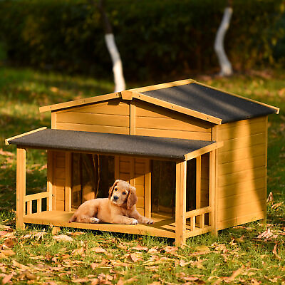 #ad 47.2#x27;#x27; Large Wooden Dog House With Porch 2 Doors Outdoor Dog Crate Cabin Style $267.49