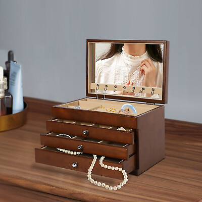 #ad 4 Layers Wooden Jewelry Case Retro Earring Necklace Storage Box Holder w Mirror $72.01