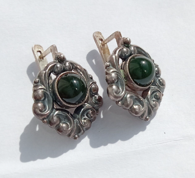 #ad Vintage Sterling Silver 925 Natural Stones Jade Nephrite Womens Earrings Ukraine $54.00