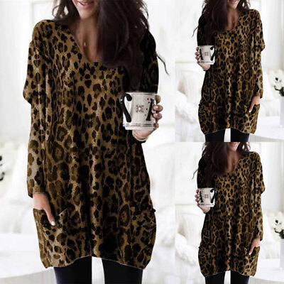 #ad Womens Leopard Long Sleeve Pullover Tops Casual Round Neck Pockets Tunic Blouse $21.08