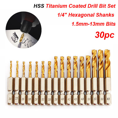 #ad 30pc HSS Titanium Coated Drill Bit Set 1 4quot; Hexagonal Shanks 1.5mm 13mm Bits $2.78