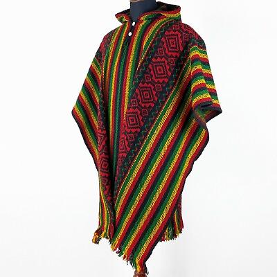 #ad Llama Wool Mens Unisex South American Poncho Cape Coat Jacket rasta striped $79.95