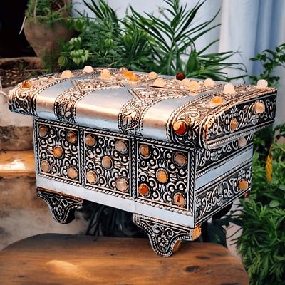 #ad Moroccan Treasure Chest Box Jewelry Storage Velvet Lining Cabachons Bohemian $59.75