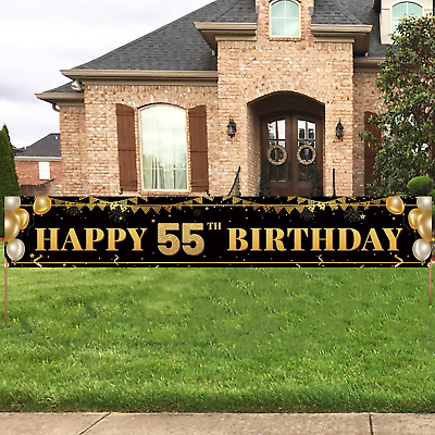 #ad Large Happy 55th Birthday Decoration Banner Black and Gold Happy 55th Birthday $15.17