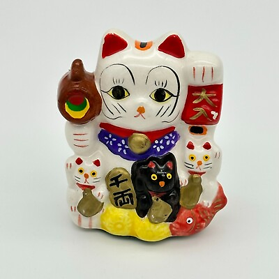 #ad Vintage Maneki Neko Lucky Cat Kittens Fish Charms Figurine Ceramic White Red $17.09