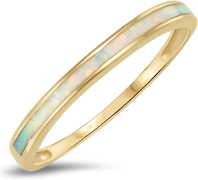 #ad 10K Solid Yellow Gold White Opal Inlay Band Ring $9.64