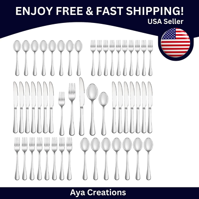 #ad Stainless Steel Flatware Set 60 Piece Service for 12 Mirror Polished Cutlery $64.97