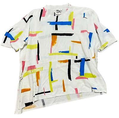 #ad Bimba amp; Lola Shirt Womens XS White Short Sleeve Colorful Abstract Geometric Slit $32.99