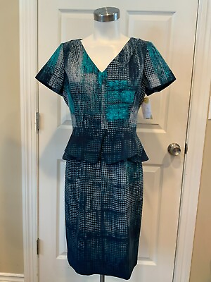 #ad T Tahari Teal Blue Navy amp; Gray Geometric Patterned Dress W Peplum Size 6 US $39.56