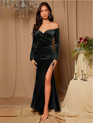#ad Black Belle Off Shoulder Split Thigh Velvet Bridesmaid Dress Sz XS S M L $43.99