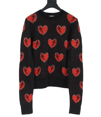 #ad Saint Laurent Womens Heart Sweater Size Small Black Red Mohair Blend Pullover $374.99