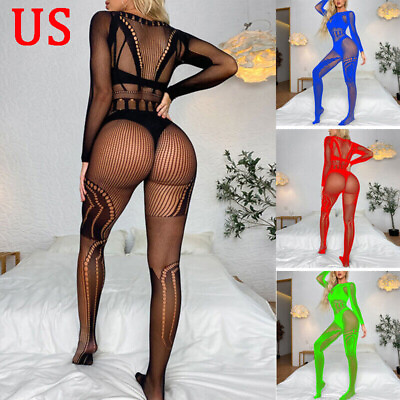 #ad US Womens Body Fishnet Bodysuit See Through Hollow Out Long Sleeve Bodystockings $3.45