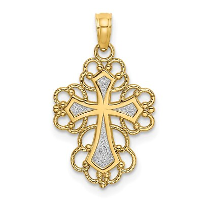 #ad Mothers Day 14K Gold White Rhodium Beaded Lace Trim Cross CharmPendant Necklace $252.00