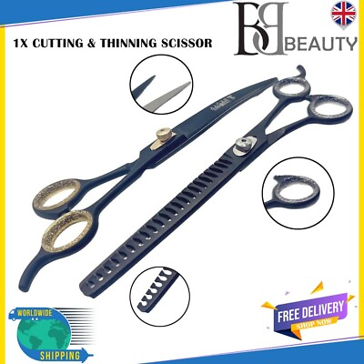 #ad 8.5quot;Pet Dog Cat Grooming Curved Scissors And CNC CHUNKER Thinning Shears Set J2 GBP 15.49