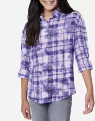 #ad Justice Girls Purple Plaid Roll Sleeve Button Down Shirt Sz XL 16 18 NEW $12.59