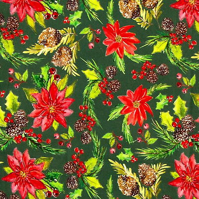 #ad Debbie Shore Christmas Traditions Poinsettia Green Fabric 100% Cotton 037439 $9.88