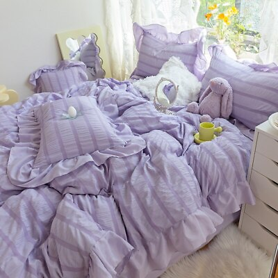 #ad Purple Princess Bedding Sets Luxury Solid Color Duvet Cover Bed Sheet Pillowcase $78.42