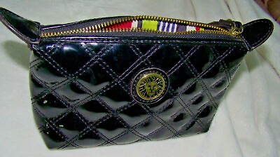 #ad Anne Klein Black Faux Leather Patent Textured Gold Chain Wristlet Handbag Small $6.00