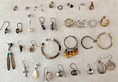 #ad Vintage Sterling Silver 925 Lot of 33 Single Earrings Malachite Hoops Studs 60g $88.79