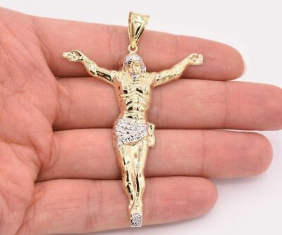 #ad Men#x27;s 3quot; Crucifix Jesus Body Pendant Charm Sterling Silver Gold Plated $125.99