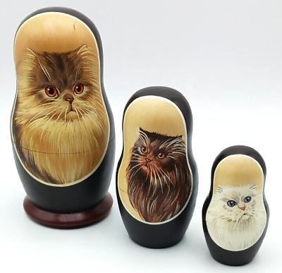 #ad 3 Wooden Russian Nesting Dolls CAT Hand Painted SIGNED $29.99