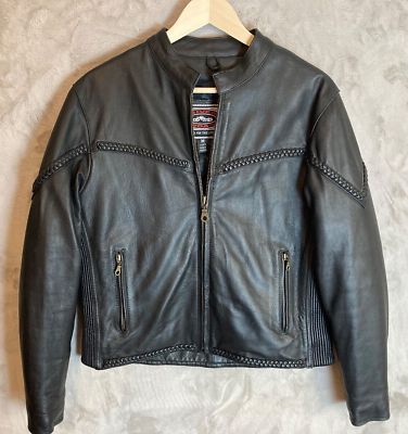 #ad Womens River Road Leather Motorcycle Jacket Black w Padded Liner Size Med. $39.99