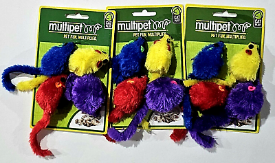 #ad 3 Packs Of 4 Multipet Cat Toys Colored Mouses Rattle Pet Fun Red Yellow Purple $25.99