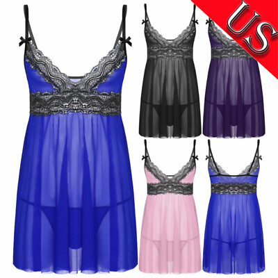 #ad Men#x27;s Sissy Lingerie Lace Tirm V Neck Nightdress amp; G String Crossdress Underwear $11.95