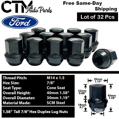 32x Black Large Seat Lug Nuts M14x1.5 Fit Ford F250 F350 Super Duty Stock Wheel $38.99