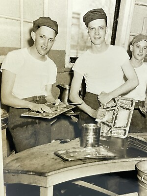 #ad BR Large Photo Cute Group Handsome Military Men Washing Dishes Trays 1940 50#x27;s $22.50