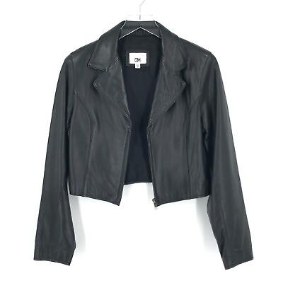 #ad VINTAGE BP Womens Leather Jacket Medium Black Full Zip Cropped Collared Korea $129.99